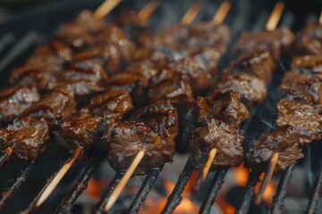 Close up of marinated beef skewers grilling, releasing tantalizing aromas, Tantalizing aromas of marinated beef skewers cooking on the barbecue