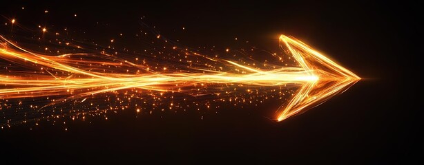 A radiant arrow made of swirling light streams, pointing rightward with a smooth and elegant motion on a deep black backdrop, clear light, realistic photo lifelike 8K