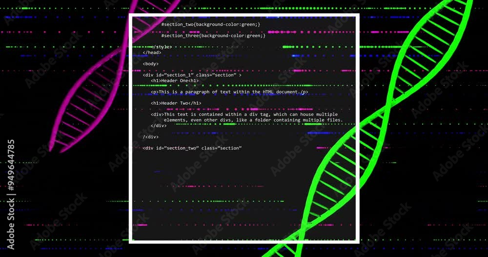 Poster html code snippet over dna strand animation with colorful lines