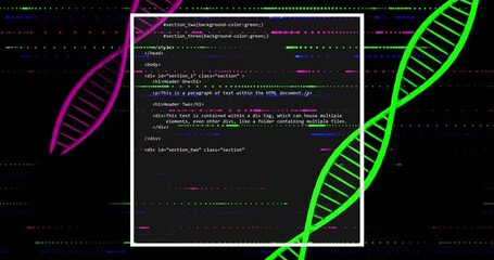 HTML code snippet over DNA strand animation with colorful lines - Powered by Adobe