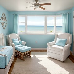 Fototapeta premium A serene blue and white nursery featuring a stunning ocean view, creating a calming atmosphere for a child.