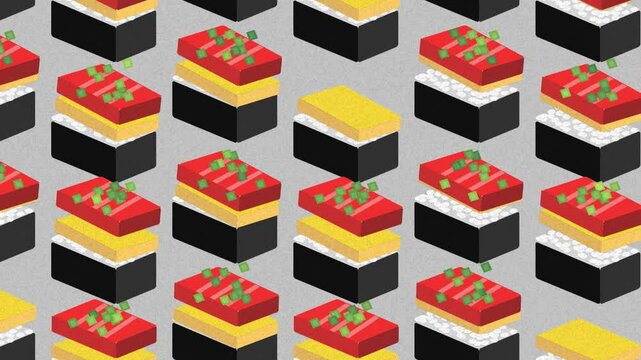 Seamless isometric pattern of sushi pieces. Bright colors of the sushi stand out against the neutral backdrop, Perfect for design related to Japanese cuisine, food illustrations, or playful background
