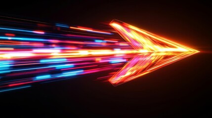 An arrow composed of vibrant, glowing light trails, pointing sharply to the right with a dynamic and modern design, against a black canvas, clear light, realistic photo lifelike 8K