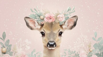 Deer with a floral crown, set against a pastel pink background. Christmas and New Year festive concept.	