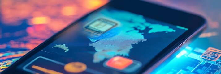 A close-up shot of a smartphone displaying a mobile payment app interface. The screen features a world map, symbolizing global reach and connectivity. A small button with a dollar sign represents fina