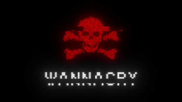 WANNACRY glitch notification with skull icon. Looped cybercrime concept hacking animation. WANNACRY message with glitch effect. Security breach with skull icon. Hacking attack.