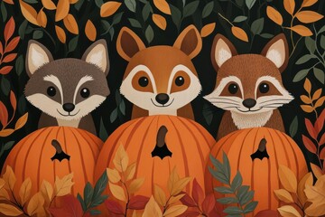 Forest animals playing hide-and-seek in a pumpkin patch as they prepare for their Thanksgiving celebration, Thanksgiving forest animals, woodland hide-and-seek