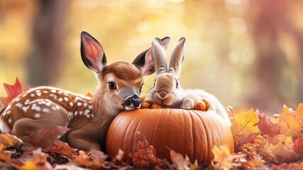 A baby deer and a rabbit snuggled up with a pumpkin