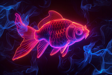 Obraz premium Goldfish in neon color in pop art style. Minimalist style, neon line logo, depicting a mosaic fish surrounded by vibrant smoke effects