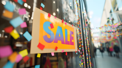 SALE displayed on a large poster taped to the inside of a shop window, with colorful confetti surrounding it.


