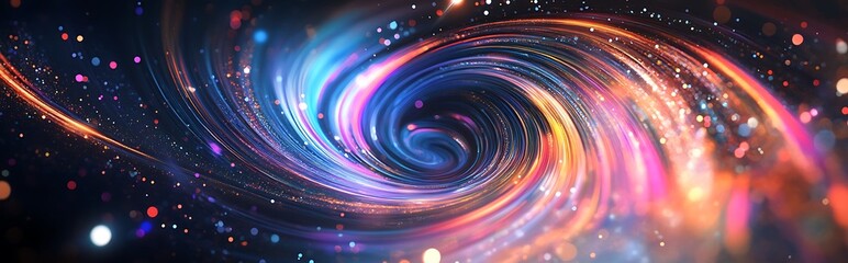 Obraz premium A swirling vortex of light and color, with a dark center and a scattering of bright circles.