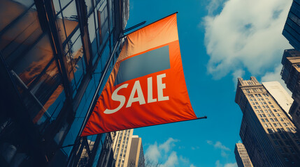 SALE printed on a giant flag waving in the wind above a retail store.


