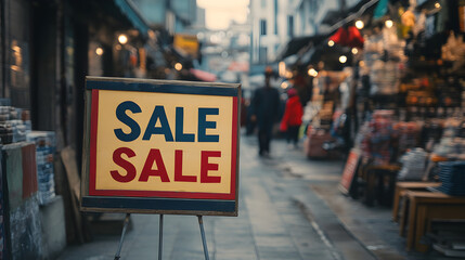 SALE spelled out on a sandwich board sign placed on a sidewalk in a bustling market.


