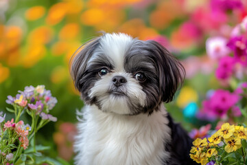 Shih Tzu puppy in a colorful flower garden on a sunny day