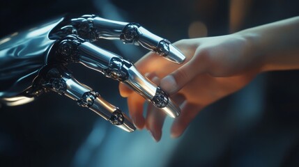 The human finger delicately touches the finger of a robot's metallic finger. Concept of harmonious coexistence of humans and AI technology