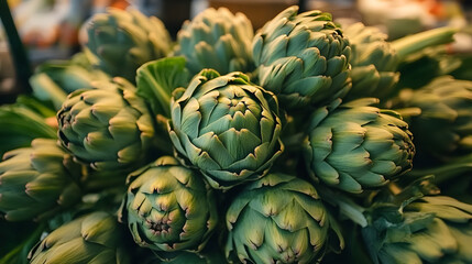 Fototapeta premium A close up view of fresh green artichokes in a market.