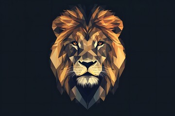 Frontal view lion head in geometric vector style, minimalistic symmetry, dark background, complex...