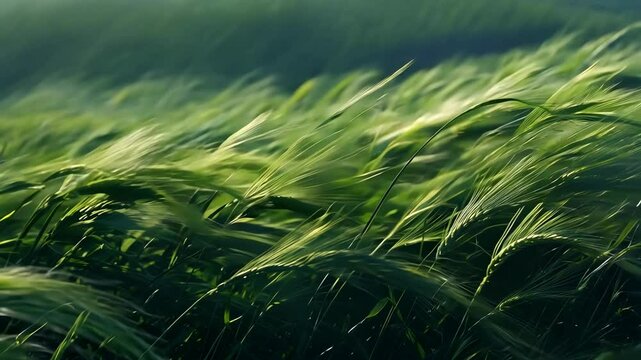 Wind gently blowing through green barley field