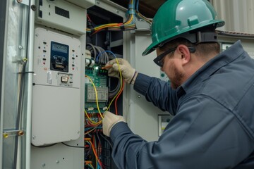 A man in a hard hat is focused on repairing an electrical panel in a commercial building, Test and replace any malfunctioning inverters or other electrical components