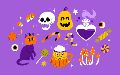 Cute kids Halloween set. Happy pumpkin, zombie hand, cute ghost, skull cupcake candy and witch potion. October holiday stickers, design elements bundle. Isolated flat vector illustrations