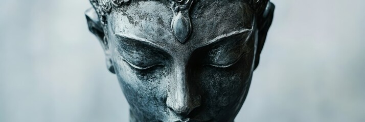 A detailed close-up of a serene Buddha statue, capturing the essence of tranquility and inner...