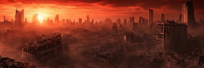 Fototapeta premium A desolate cityscape, shrouded in a crimson sunset, depicts the aftermath of a catastrophic event. Crumbling buildings and shattered infrastructure symbolize loss, destruction, and the fragility of ci
