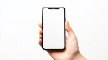 modern smartphone with white screen in left hand on transparent background, smartphone in hand, png mockup for any background and any image on the screen