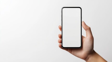 modern smartphone with white screen in left hand on transparent background, smartphone in hand, png mockup for any background and any image on the screen