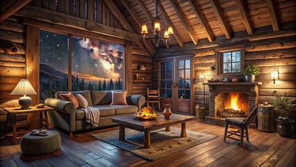 Fototapeta premium cozy cottage 3d rendering of rustic wooden cabin interior with warm earthy tones, vintage decor, and inviting warm lighting under starry night sky