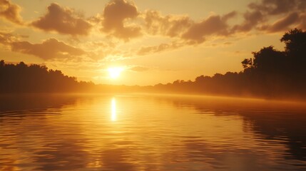 Obraz premium Breathtaking Sunset Reflection on Calm River with Dramatic Lighting