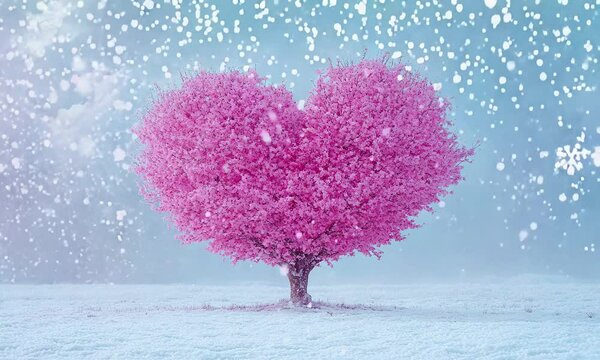 Beautiful pink tree in the shape of a heart in snow magic atmosphere. Love concept.