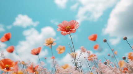 A field of delicate pink flowers stretches towards a bright blue sky, symbolizing hope, joy, beauty, and the cycle of life. White clouds drift across the canvas, adding a sense of peace and tranquilit