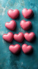 Fototapeta premium French sweet Pink heart macaroons isolated on blue background. Pastry shop card with copy spacefrench macaroons,Paris Pastry,bakery and branding valentine couple concept,copy space.