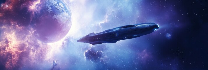 A futuristic spaceship glides through space, leaving a trail of light as it passes by a vibrant purple planet. The scene is awash in a colorful nebula, hinting at the wonders and mysteries of the cosm