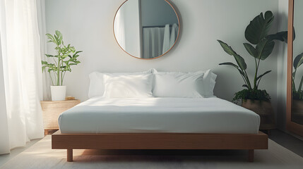 White bed with wooden frame in modern minimalist bedroom with large round mirror.