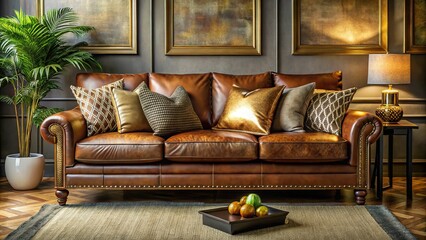 2. Warm, inviting coffee brown leather sofa with soft cushions, accents of golden brass, and scattered throw pillows, a realistic photo image.