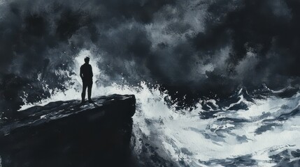 Obraz premium A solitary figure stands on rocky cliff, facing turbulent waves and dark stormy skies, evoking sense of contemplation and resilience.