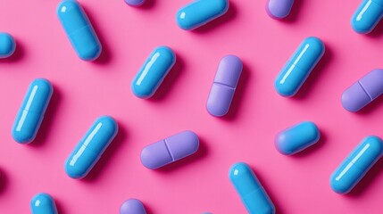 Blue capsules on pink background,Medicines to combat the epidemic and viruses,tablet grid,Drug, tablet, pills,Global healthcare concept. Antibiotics drug resistance,Pharmaceutical industry.