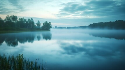 Fototapeta premium Drifting Fog Over a Still Lake at Dawn Foggy Landscape with Calm and Ethereal Atmosphere