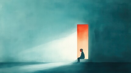A solitary figure sits in dimly lit space, illuminated by warm light from an open door, evoking feelings of contemplation and hope.