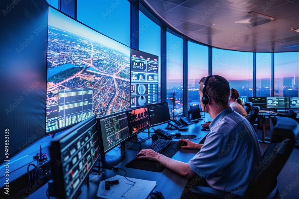 Poster a man sitting at a desk, focused on a computer monitor in a smart city control center, the advanced 