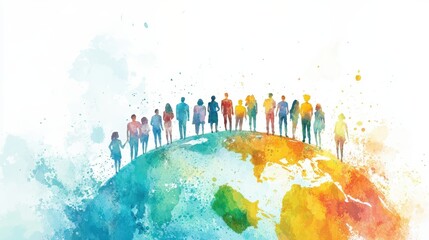 People standing on colorful globe, symbolizing unity and diversity. This vibrant watercolor illustration captures essence of global togetherness.