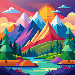 A vector painting of a colorful mountains