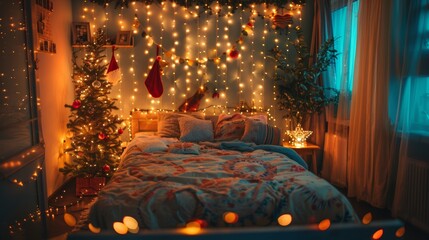 Cozy Christmas Bedroom with Festive Lights, Holiday-Themed Bedding, and Decorated Tree