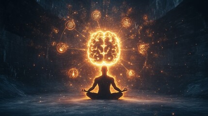 A glowing brain surrounded by symbols of growth, with a person meditating at its core, representing the power of mindset in personal development.