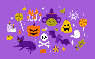 Cute kids Halloween set. Happy pumpkin, zombie hand, cute ghost, skull cupcake candy and witch potion. October holiday stickers, design elements bundle. Isolated flat vector illustrations