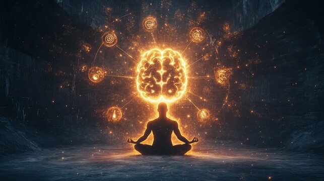 A glowing brain surrounded by symbols of growth, with a person meditating at its core, representing the power of mindset in personal development.
