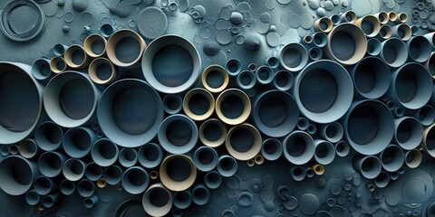 Abstract image showing a chaotic arrangement of round shapes and rings, set against a colorful, digital wallpaper with a geometric pattern.