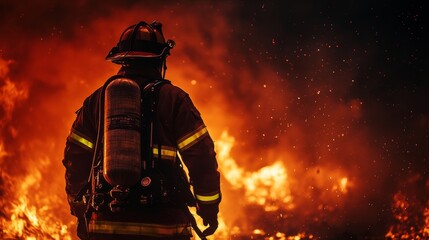 A lone firefighter, silhouetted against a backdrop of raging flames, stands resolute in the face of danger, embodying courage, bravery, and selflessness in the face of adversity. This image symbolizes