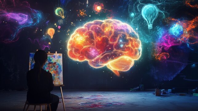 A glowing brain with floating symbols of creativity, with a person painting in front of it, representing creative vision and mindset.